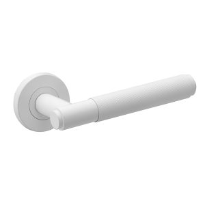 Deurkruk Eva rond geribbelde diamant greep 22mm haaks met een schroefrozet mat wit PVD gecoat