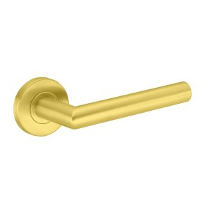 Deurkruk Amari rond 20mm haaks op rozet geborsteld messing PVD gecoat