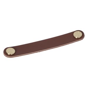 Meubelgreep leer Elena bruin 168mm geborsteld goud