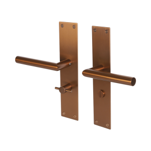 Deurklink Milano op schild voor WC-badkamerslot met ronde klink geborsteld brons