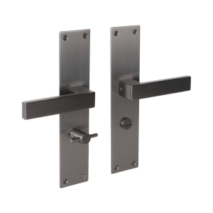 Deurklink Milano op schild voor WC-badkamerslot met vierkante klink geborsteld gun metal